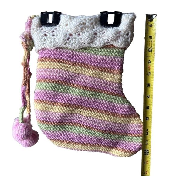 Vtg Handmade Crochet Christmas Stocking Pastel Multi Color 100% Wool Sack 12" - Picture 8 of 13